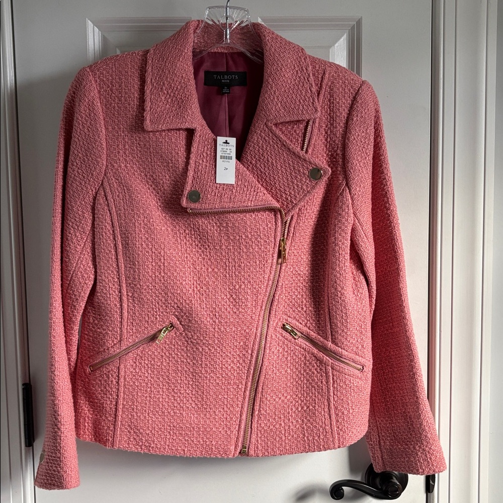 NWT Talbots Tweed Moto Jacket Rose Pink Gold 2P
